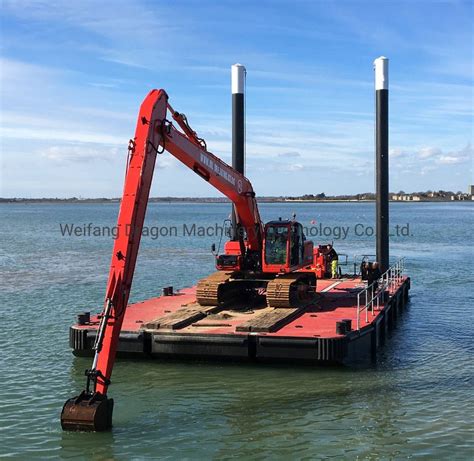 mini excavator on barge|self propelled work barge.